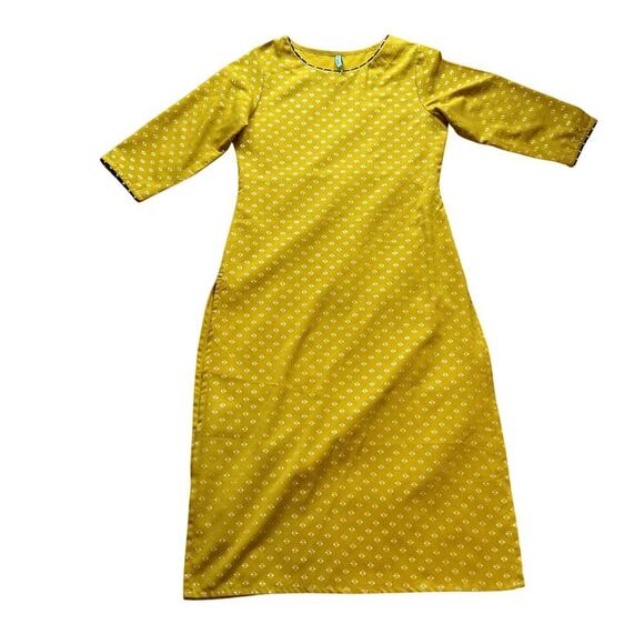 Janasya Indian Women's Mustard Foil Print Jurta Kurti Tunic Dress Small - Picture 2 of 5